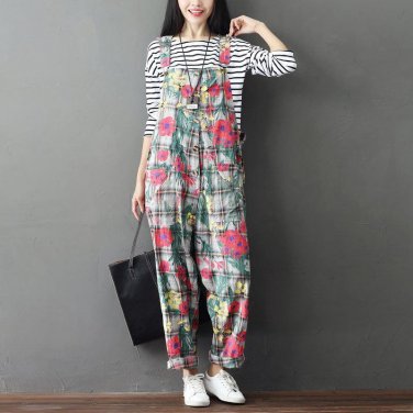 The new female large size lattice printing strap pants loose tape crotch pants