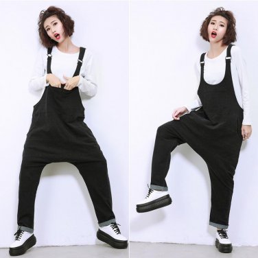 Spring 2016 female leisure denim straps hanging crotch trousers conjoined condole belt pants big yar