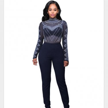 Autumn Sexy Bodycon Long Sleeve Jumpsuits Fashion Mesh Patchwork Geometric Rhinestone Rompers Womens