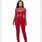 Autumn Sexy Bodycon Long Sleeve Jumpsuits Fashion Mesh Patchwork Geometric Rhinestone Rompers Womens