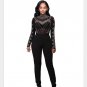 Autumn Sexy Bodycon Long Sleeve Jumpsuits Fashion Mesh Patchwork Geometric Rhinestone Rompers Womens