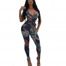 2017 European Style Sexy club Women Jumpsuit Digital Flower Print Short Sleeve V neck Jumpsuits body