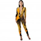 Sexy Deep V Bandage Jumpsuit Women Autumn Long Sleeve Slim Hip Jumpsuit with Belt Fashion Floral Pri