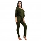 Sexy Eyelet Bandage Jumpsuit Women Casual Long Sleeve Oblique Shoulder Drawstring Waist Jumpsuit Clu