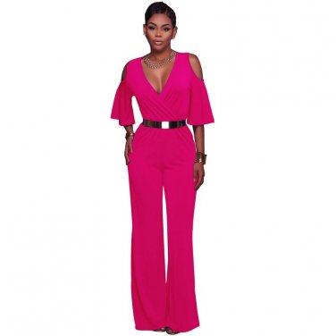 Sexy Deep V-neck Off Shoulder Jumpsuit 4 Colors Solid Women Summer Loose One-piece Pants Overalls La