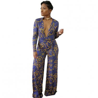 Plus Size S~3XL Women Long Jumpsuit Fashion Turn Down Collar Sexy Deep V Jumpsuit Casual Long Sleeve