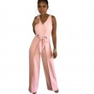 Fashion Metal Ring Lace-up Women Long Jumpsuit Solid Pink Sexy Sleeveless Slim Fit Jumpsuit Overalls