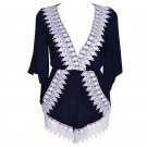 Deep V-neck sexy Horn sleeves lace elastic waist jumpsuit shorts Canglan