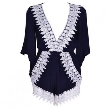 Deep V-neck sexy Horn sleeves lace elastic waist jumpsuit shorts Canglan