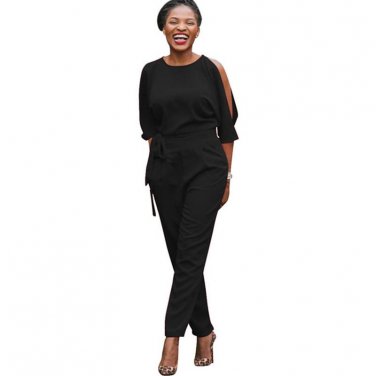 Women Casual Solid Jumpsuit Sexy Backless Slim Fit Piece Pants Overalls Ladies Round Neck Split Slee