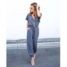 Hot sale  summer women jumpsuit solid jumpsuits Sexy v-neck short-Sleeve black wine-red grey women c