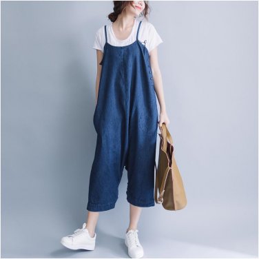 Plus Size 2018 Women Denim Blue Strapless Buttons Harem Romper Loose Dungaree Overalls Suspender Ski
