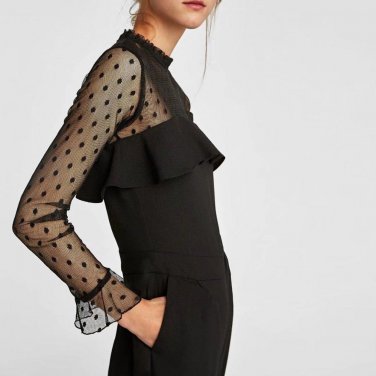 2018 Autumn Fashion Womens Solid Black Ruffle Patchwork Casual Jumpsuit long Sleeve lady casual play