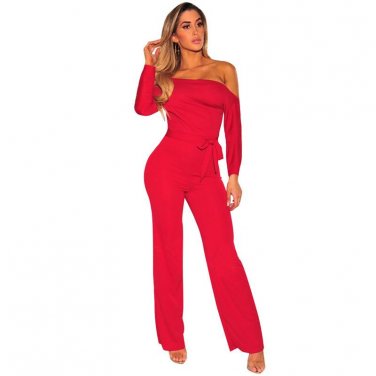 Sexy Oblique Slash Neck Long Jumpsuit Women Autumn Long Sleeve One-piece Pants Overalls w/ Sashes Ca