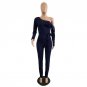Sexy Oblique Slash Neck Long Jumpsuit Women Autumn Long Sleeve One-piece Pants Overalls w/ Sashes Ca