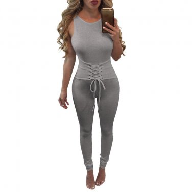 Nadafair Sleeveless Open Back Lace Up Slim Bodycon Skinny Summer Rompers Women Jumpsuit