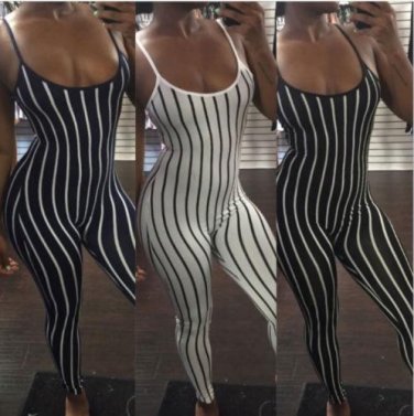 Women Lady Sleeveless Long Romper Jumpsuit Bodysuit Stretch Leotard Striped Clothes