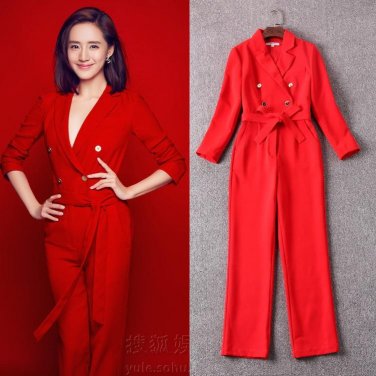 2017 Spring New Jumpsuit Rompers Women Lapel Collar Double Breasted Adjustable Waist Solid Red Black