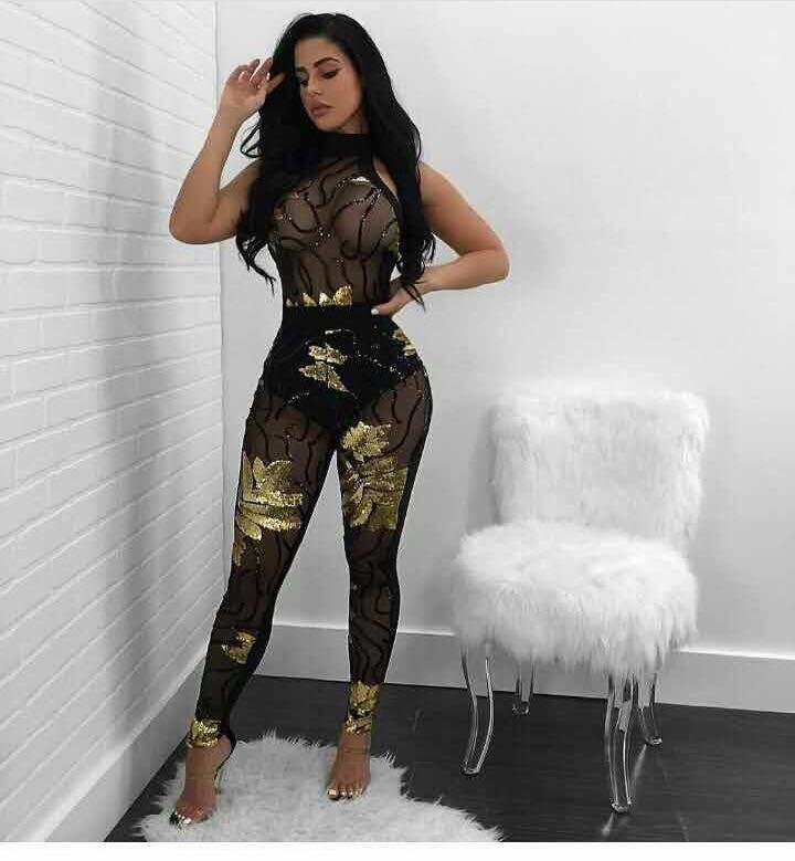 Sequins Embellished Sexy Sleeveless Women Celebrity Party Mesh Jumpsuit