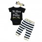 \'My Mom is Petty\' Newborn Infant Baby Girls Clothes Short Sleeve Romper Striped Pants and Bowknot