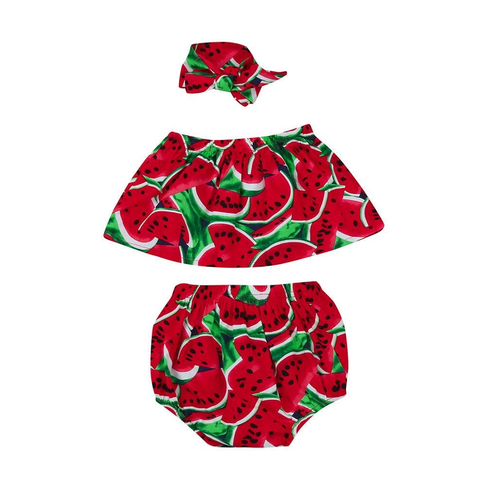 Newborn Kids Baby Girls Set 2017 Summer Watermelon Off Shoulder Tops + Shorts Pants +Hairband 3pcs T