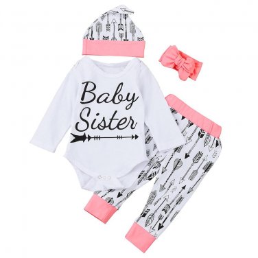 2017 Autumn Baby Set 4PCS Newborn Baby Little Girl Romper Arrow Baby Sister Tops +Long Pants+Hat+Hea