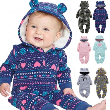 2017 NEW Baby Rompers Printed Winter Thick Warm Baby boy Girl Clothing Long Sleeve Hooded Jumpsuit K