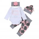 Newborn Baby Girls Daddy\'s Princess Letter Long Sleeve Tops Romper Pants Hat Headband Florals Prnti