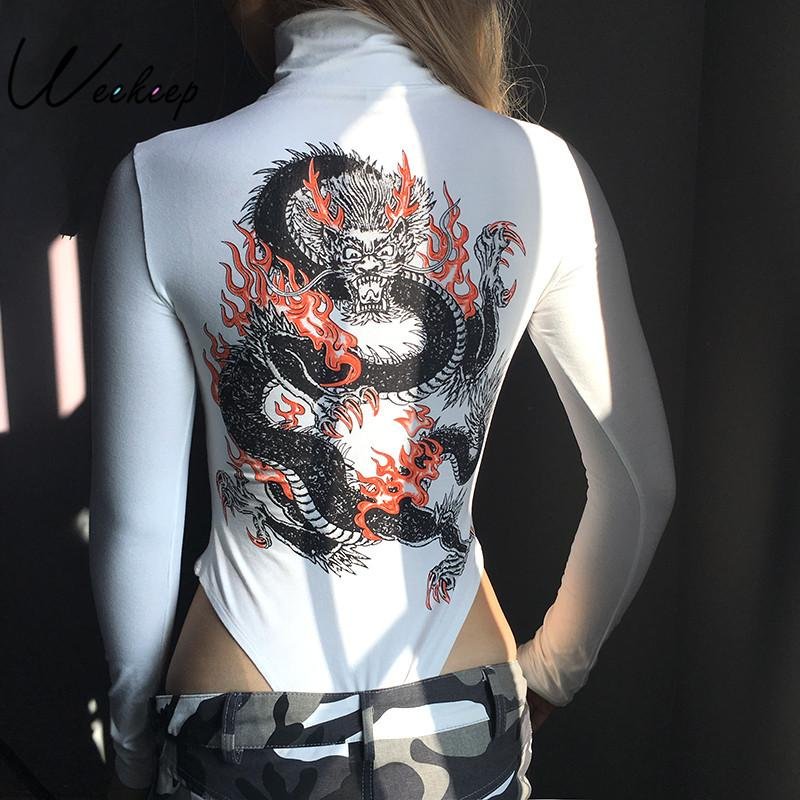 Weekeep Women Dragon Printed Back Turtlenek Sexy Slim Bodysuits 2017 Skinny Long Sleeve Jumpsuits Wh