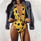 DoreenBow New Fashion Woman Sexy Leopard Bodysuit Female Deep V Neck Cross Lace Up Bodycon Bodysuits