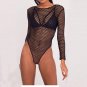 Summer Women Body Suits female Sexy Fishnet Romper Black Mock Neck Long Sleeve Hollow Out Mesh Bodys