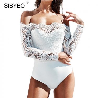 Sibybo New Lace Off Shoulder Bodysuit Women See Through Long Sleeve Skinny Black White Women Rompers