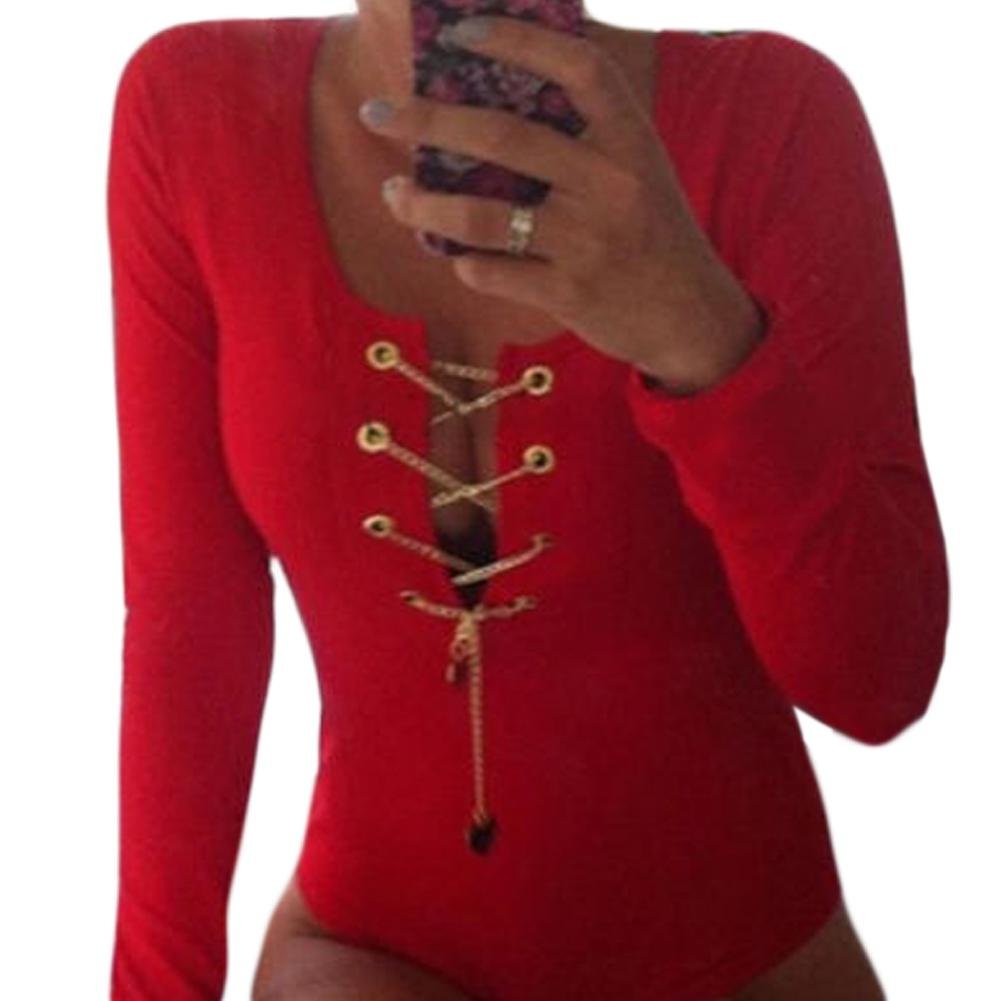 2017 New Women High Elestic Jumpsuit Bodysuit Tops Sexy Deep O Neck Metal Chain Long Sleeve Shirts