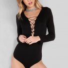 Women Deep V Neck Lace Up Bodysuits with Long Sleeve Sexy Bodysuit