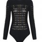 2017 New Women\'s Black White Long Sleeve Mesh Patchwork Beading Sexy Rayon Bandage Bodysuit