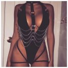 Sexy Women Metal Chain Bodysuit PU Splice Deep V Neck Black Solid Overalls 2018 Novel Night Club Ban