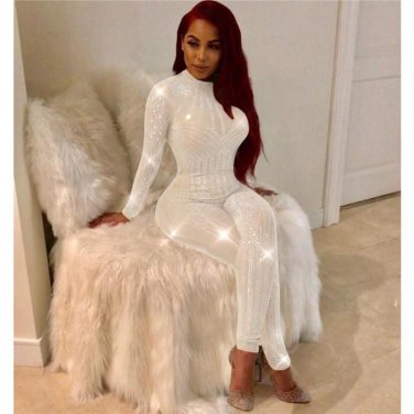 Handmade Rhinestone O-Neck Long Sleeve Jumpsuit Women Autumn Winter Sexy Slim Bocycon Playsuit Femal