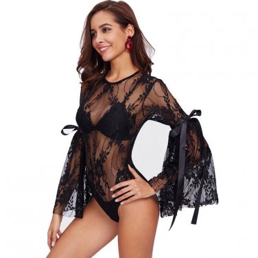 Women Bodysuits See-through Top High Cut Leotard Ladies Sheer Thong Bodysuit Lace Flare Sleeve Sexy 