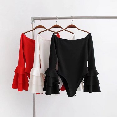 Women Spring Pure Color Black Red Sexy Body suit Tiered Ruffle Flare Sleeve Bodysuits Female Casual 