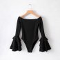 Women Spring Pure Color Black Red Sexy Body suit Tiered Ruffle Flare Sleeve Bodysuits Female Casual