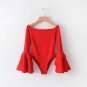 Women Spring Pure Color Black Red Sexy Body suit Tiered Ruffle Flare Sleeve Bodysuits Female Casual