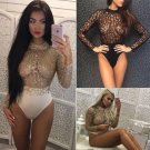 Sexy Gold Sequin Lace Bodysuit Women Summer Skinny O Neck Long Sleeve Bodycon Jumpsuits Romper Top F