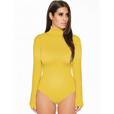 Wendywu Brief Autumn Style Long Sleeve High-Necked Solid Yellow Bodycon Bodysuits