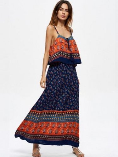 Dark Blue Double-Layered Women\'s Maxi Dress