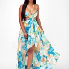 Blue Floral Printed Double-Layered Women\'s Maxi Dress