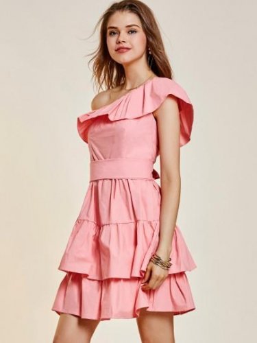 One-Shoulder Falbala Patchwork Women\'s Layered Dress