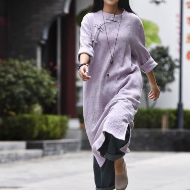 Button Two Layer Cotton Linen Dress Vintage Autumn Plus Size Long Dresses Loose Clothes Robe Vestido