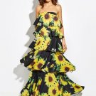 Young17Women Sexy Strapless Layered Dress Women Long Black Sunflower Floral Print Tiered Long Chiffo