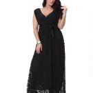 Plus Size Women Elegant Lace Full-Length Fit And Flare Sleeveless V-Neck Two Layers Spliced Black Co