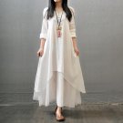 Vintage Women Double Layers Long Spring Fall Loose Linen Maternity Tops Maxi Tunic White Red Dress B